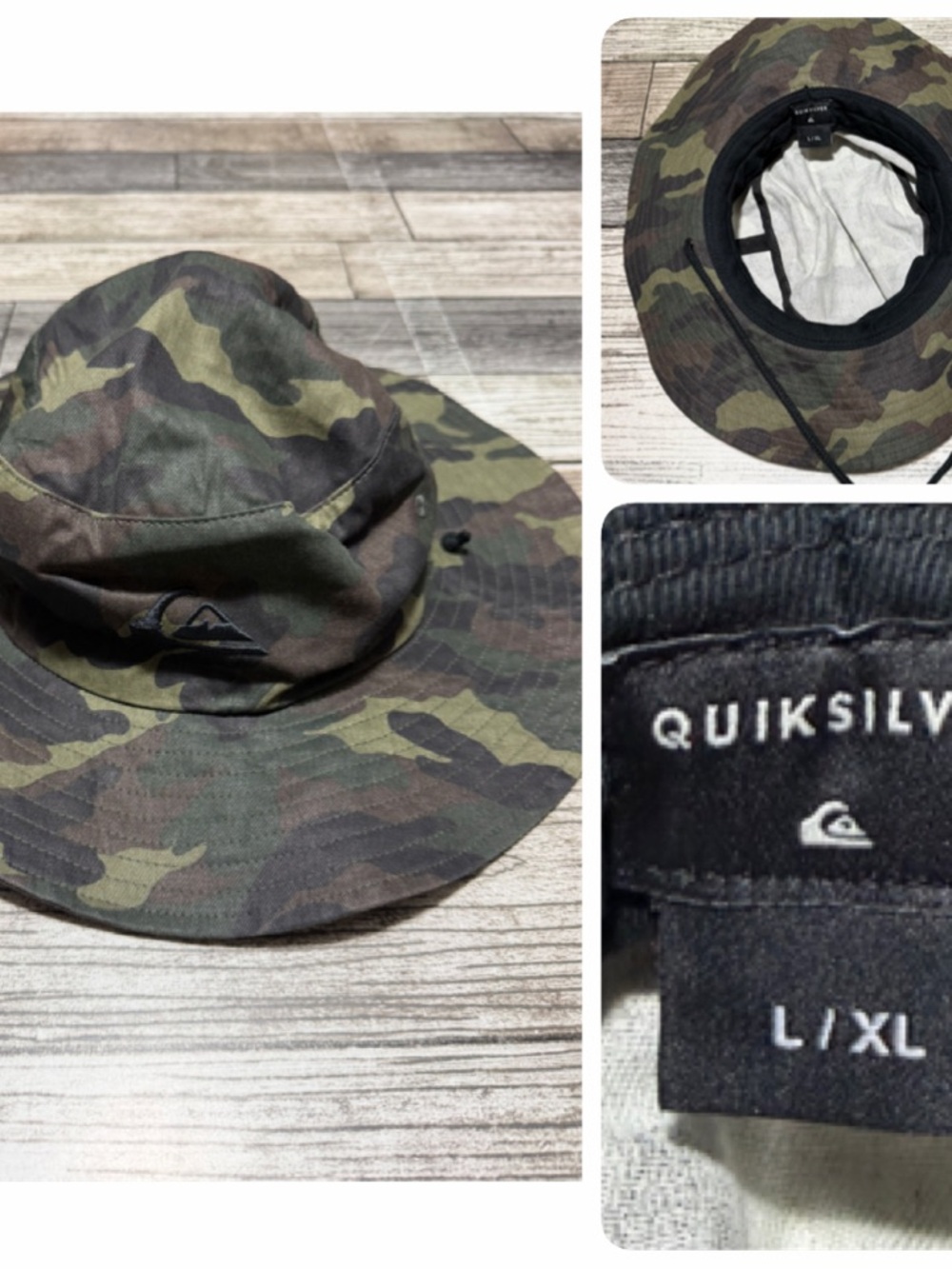 Quiksilver Camo Sun Hat Bucket Hat Wide Brim Chin Strap Size L/XL Green